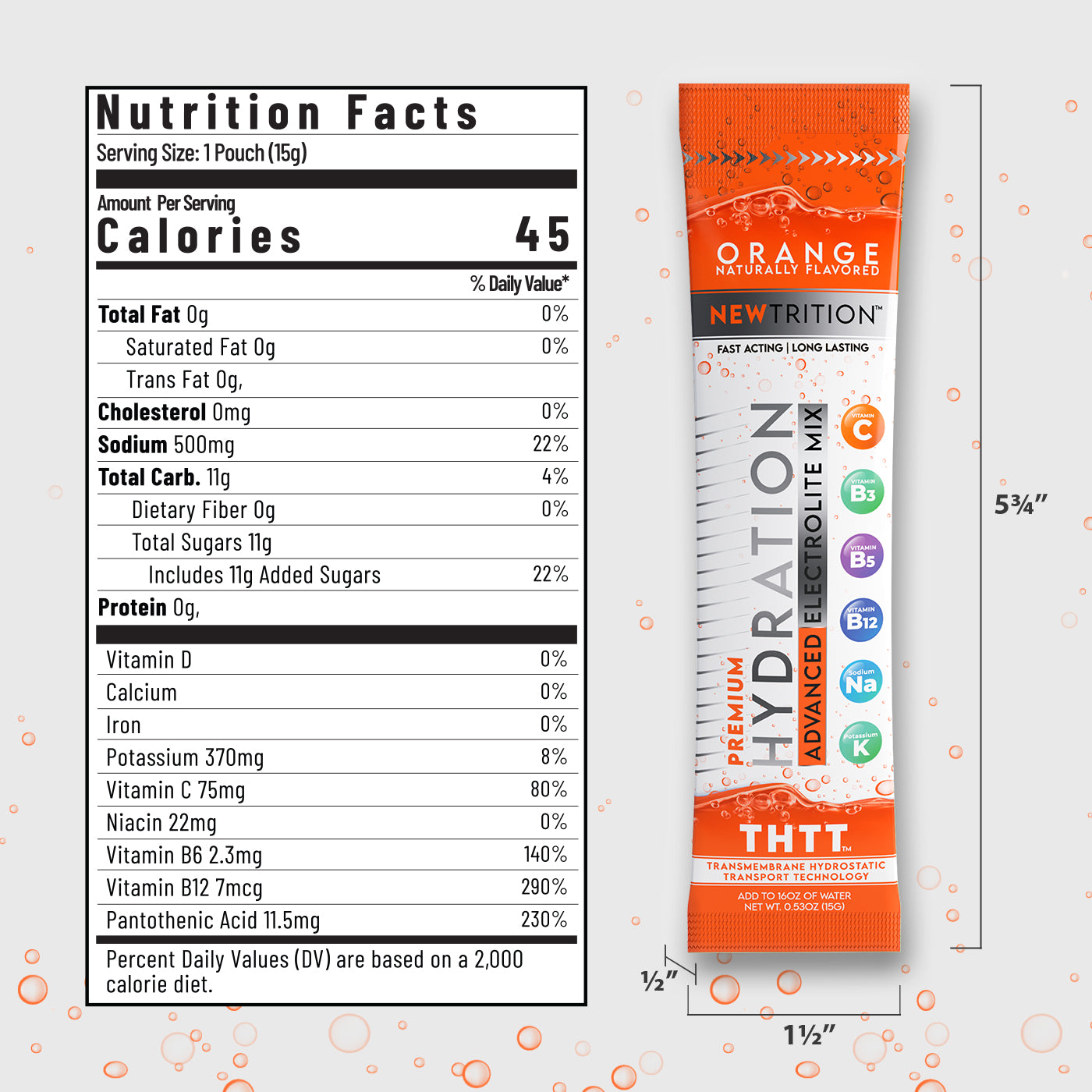Hydration Packets Electrolyte Drink Powder Packets | Dehydration Relief 12 Servings - Orange